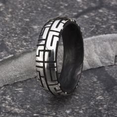 Mens Wedding Band with Forged Carbon Fiber Core and Sterling Silver Outer Shell. Handmade by Carbon6 Rings. Damascus Steel Wedding Band, Forged Carbon Fiber, Carbon Fiber Rings, Free App, Stainless Steel Rings, Steel Ring, Wide Bands, Labyrinth, Be Happy