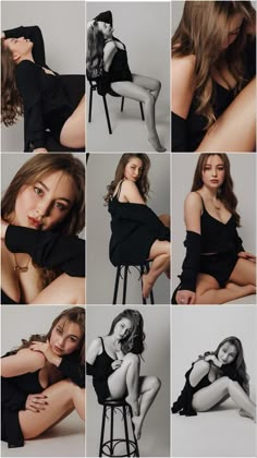 a series of photos showing different women in black dresses and high heels sitting on stools