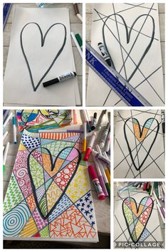 four different pictures of hearts drawn on paper with markers and crayon pencils