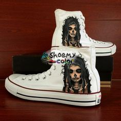 White Converse Sugar Skull Girl High Top Hand Painted Canvas Sneakers