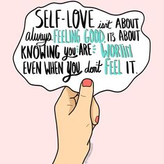 a hand holding up a speech bubble with the words self love and feelings on it