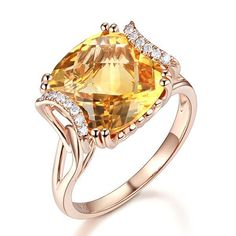 14K Rose Gold 6ct Cushion Yellow Citrine Diamond