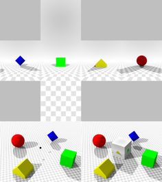 an image of some colorful objects in the air with squares and cubes around them