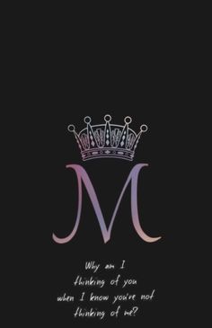 the letter m with a crown on it is shown in purple and pink colors, against a black background