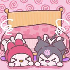 two cartoon characters laying on top of a bed with pink sheets and pillows in the background