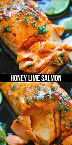 two pictures of salmon and lemon slices on a plate