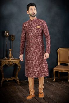 Banarasi Jacquard Wine Color Wedding Wear Pretty Readymade Indo Wester Wine Color Wedding, Wine Colored Wedding, Western Suit, Purple Weave, Mens Sherwani, Western Suits, Color Wedding, Indo Western, Wine Color