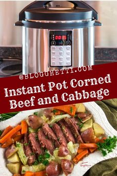 instant pot corned beef and cabbage in front of an instant pressure cooker