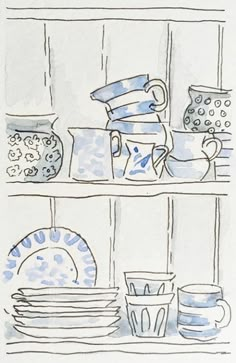 a drawing of pots and plates on a shelf