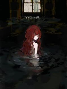 a woman with long red hair sitting in the middle of a body of water next to a window