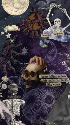 an altered collage with skulls, bones and other things in the sky above it