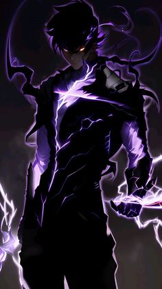 an anime character is standing in the dark with purple lightnings around his neck and arms