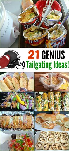 collage of football themed tailgating ideas with text overlay that reads, 21 genius tailgating ideas