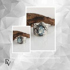 Wide Aquamarine Leaf and Twig Sterling Silver Ring - Handmade by Dawn #Modern #Geometric #LeafRing #LeavesRing #WideBand #NatureRing #SilverRing #GirlsJewelry #HandmadeJewelry #RingsForWomen Modern Jewelry With Stone Setting For Anniversary, Modern Stone Setting Jewelry For Anniversary, Unique Sterling Silver Jewelry With Tension Setting, Unique Jewelry With Tension Setting As Gift, Unique Jewelry With Tension Setting For Gift, Modern Jewelry With Stone Setting, Modern Blue Topaz Jewelry With Accent Stones, Handmade Modern Moonstone Ring For Anniversary, Modern Blue Topaz Jewelry For Gifts