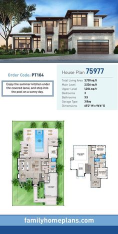 the floor plan for this modern home is shown in blue and white, with two story houses