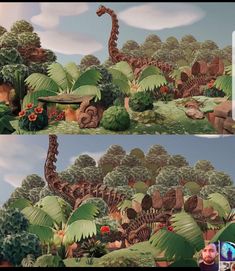 two pictures of an animated dinosaur in the jungle