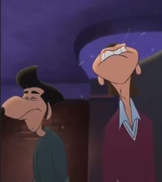 an animated image of a man looking at another man with his head in the air