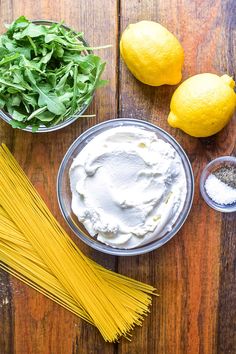 the ingredients to make this dish include pasta, lemons, and spinach leaves