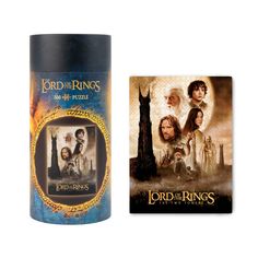 an image of the lord of the rings movie poster next to a canister with it's lid open