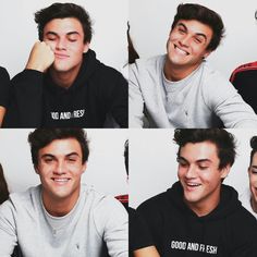 four pictures of the same man smiling and making funny faces with his eyes closed while sitting next to each other