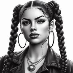 a black and white drawing of a woman with long braids in her hair, wearing large hoop earrings