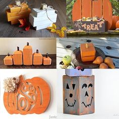 pumpkins and other decorations made from wood