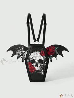 Bird in Bag - Elegant Floral Punk Backpack with Skull and Wings Black Backpack For Halloween Cosplay, Black Grunge Bag For Halloween, Gothic Halloween Backpack, Halloween Standard Backpack With Zipper Closure, Gothic Black Backpack Bag, Edgy Bags For Halloween Alternative Fashion, Edgy Bags For Halloween, Edgy Bags For Alternative Fashion Halloween, Gothic Black Standard Backpack