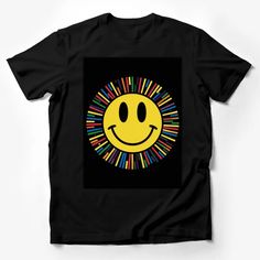 Colorful Smiley Face T-Shirt, Unisex Smiley Graphic Tee, Vibrant Happy Face Shirt For All Ages Male T-Shirt Custom graphic T-Shirt.Customize your color Black Smiley Face Crew Neck Top, Black Crew Neck Top With Smiley Face, Black Smiley Face Crew Neck T-shirt, Black Crew Neck T-shirt With Smiley Face, Colorful Smiley Face, Happy Face Shirt, Smiley Graphic, Smiley Face Tee, Smiley Face Tshirt