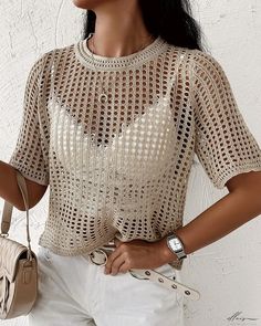 Elluis - Delicately Designed O-Neck Crochet T-shirt with Intricate Hollow Out Pattern Crochet T Shirt, Style Casual Chic, Crochet T Shirts, Chic Type, Sweater Material, Home T Shirts, Basic Tees, Casual T Shirts, Casual Chic