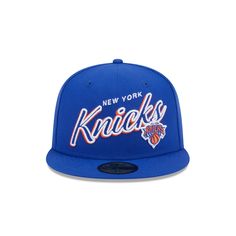 The New York Knicks Script Sided 59FIFTY Fitted Cap features an embroidered Knicks script and logo at the front panels with a matching NBA Logoman at the rear. Additional details include a logo patch at the right-wear side and a gray undervisor. All Nba Teams, Dallas Stars, Florida Panthers, New York Islanders, Vancouver Canucks, Anaheim Ducks, Utah Jazz, Toronto Maple Leafs, New York Rangers