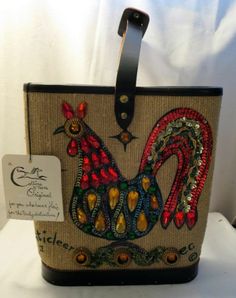 Enid Collins of Texas Jeweled Rooster Chanticleer II Handbag Wooden Bottom 1963 Quirky Purses, Embellished Bags, Vintage Purses, Baby Boomer, Beaded Purses