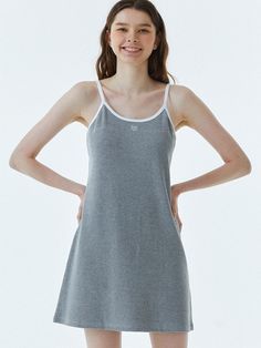 Color : Melange GreyCountry of Origin : Republic of Korea Sleeveless Stretch Cotton Midi Dress, Gray Sleeveless Midi Dress For Summer, Sleeveless Stretch Midi Dress For Daywear, Spring Daywear Stretch Slip Dress, Stretch Sleeveless Slip Dress For Loungewear, Gray Sleeveless Sundress, Sleeveless Cotton Slip Dress For Spring, Gray Summer Midi Dress For Daywear, Fitted Sleeveless Cotton Slip Dress