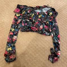 Off The Shoulder Velvet Floral Top. Ruffled Around Top And Base Of Sleeves. Never Worn. Tags Removed To Wash. Chic Floral Print Crop Top For Party, Chic Multicolor Floral Print Crop Top, Cropped Floral Print Party Tops, Floral Print Crop Top For Party, Printed Crop Top For Spring Party, Spring Multicolor Crop Top For Night Out, Multicolor Crop Top For Spring Night Out, Chic Multicolor Crop Top For Party, Trendy Floral Print Party Top