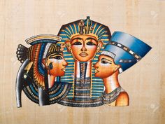 an egyptian painting on wood depicting the three kings of egypt and queen nefers