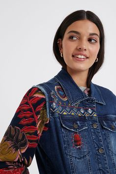 Jacket With Embroidery, Removable Collar, Embellished Denim, Original Clothes, Knit Sleeve, Trucker Jacket, Designer Jeans, Mixing Fabrics, Upcycle Clothes