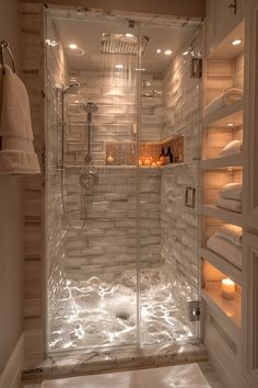 a walk in shower sitting inside of a bathroom