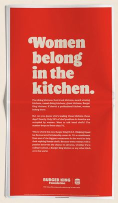 a red poster with the words women belong in the kitchen on it's side