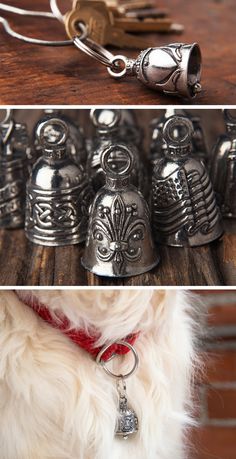 three different pictures of bells and keychains on a wooden table, one with a dog's head in the middle