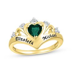 Share your special names or message with this shimmering heart chevron ring. Crafted in 10K yellow gold, the design showcases a heart-shaped lab-created emerald centerpiece. Above, five round-cut white lab-created sapphires lend the perfect touch of sparkle. Personalized Yellow Gold Heart Cut Ring, Customizable Heart Ring For Valentine's Day, Personalized Heart Ring For Valentine's Anniversary, Valentine's Day Promise Heart Ring With Name, Heart Cut Name Jewelry For Anniversary, Customizable Heart-shaped Wedding Rings, Personalized Yellow Gold Heart Ring For Mother's Day, Personalized Yellow Gold Heart Ring For Promise, Personalized Yellow Gold Heart Promise Ring