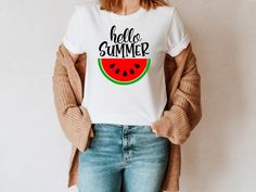 Hello Summer Watermelon Shirt, Summer T-shirt, Watermelon T-shirt We use DTG (direct to garment digital) printing method! It's not vynil. DTG printing technique involves jetting or spraying special aqueous inks from print heads directly onto the surface of textiles, which allows the fabric stay soft and breathing! The Adult shirts are Unisex. We use Bella Canvas and Gildan Softstyle brands. The shirts are made from very soft material Solid colors are 100% cotton, Heathered colors include a certa Summer Crew Neck Sublimation T-shirt With Funny Print, Short Sleeve T-shirt With Heat Transfer Vinyl For Summer, Funny Print Crew Neck Sublimation Design For Summer, Casual Summer T-shirt With Heat Transfer Vinyl, Summer Graphic Tee With Funny Sublimation Print, Funny Print Graphic Tee For Summer, Summer T-shirt With Heat Transfer Vinyl, Summer T-shirt With Heat Transfer Vinyl, Short Sleeve, Green Graphic Print Sublimation Design For Summer