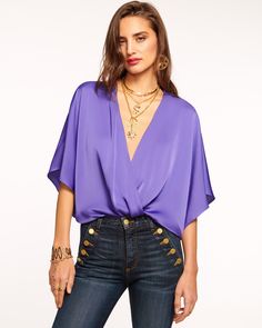 Mckinley V-Neck Bodysuit Satin V-neck Party Blouse, Chic V-neck Top For Spring Party, Chic V-neck Blouse For Date Night, Silk V-neck Top For Night Out, Chic Silk V-neck Blouse, Elegant Summer V-neck Top For Party, Elegant V-neck Top For Summer Party, Glamorous V-neck Blouse For Summer, Glamorous V-neck Summer Blouse