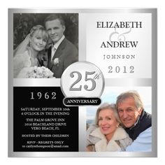 an anniversary card with two photos and the number twenty five on it, in silver