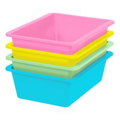 three different colored plastic containers stacked on top of each other in the same color scheme