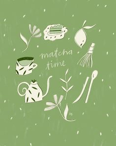 the words matcha time are written in white on a green background with teapots and kitchen utensils