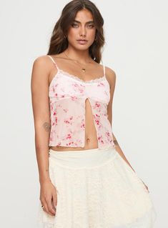 Emrys Top Beige / Red Floral Fitted Floral Print Scoop Neck Tops, Feminine Floral Print Tank Top With Spaghetti Straps, Feminine Floral Print Spaghetti Strap Tank Top, Feminine Tank Top With Spaghetti Straps And Floral Print, Feminine Spaghetti Strap Tank Top With Floral Print, Feminine Sleeveless Floral Print Crop Top, Feminine Floral Print Spaghetti Strap Tops, Pink Floral Print Tank Top With Spaghetti Straps, Pink Floral Print Spaghetti Strap Top