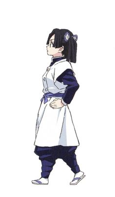 an anime character with black hair and blue pants, standing in front of a white background