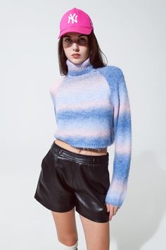 Indulge in the warmth and style of our Turtleneck Sweater in Fluffy Knit, a super comfy and soft addition to your winter wardrobe. This cropped-length sweater features a delightful degrade of pink and blue hues, creating a cozy yet chic look.  Designed for both comfort and fashion, this sweater boasts a turtleneck neckline that not only keeps you warm but also adds a touch of sophistication to your winter ensemble. The long sleeves and soft knit make it the perfect piece to embrace during the colder months.  The stripe design enhances the visual appeal, adding a playful and trendy element to your style. The regular fit ensures a comfortable and flattering silhouette, making this sweater an ideal choice for everyday wear.  Crafted from a blend of 58% acrylic, 29% polyester, 9% polyamide, an Tan Scarf, Fluffy Knit, Winter Attire, Turtle Neck Sweater, Blue And Pink, Blue Hues, Hat Hairstyles, Winter Wardrobe, Stripes Design