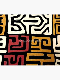 an abstract design with many different colors and shapes on black, white, yellow, red, and orange