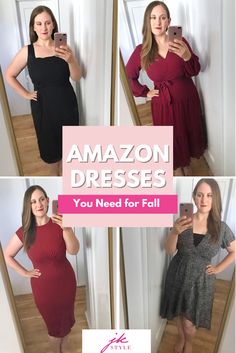 4 perfect fall dresses youll wear all season long! #workwear #whattowear #affordablefashion Dresses Amazon, Cute Crossbody Bags, Black Moto Jacket, Amazon Dresses, Black Slides, Colorful Bags, Cute Heels, Mirror Pic