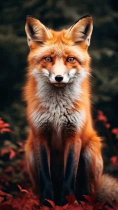 a red fox sitting on top of leaves